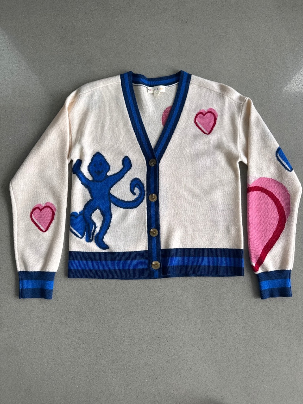 🐒💙 Roller Rabbit Monkey & Heart Cardigan - XS - 100% Wool - NWOT